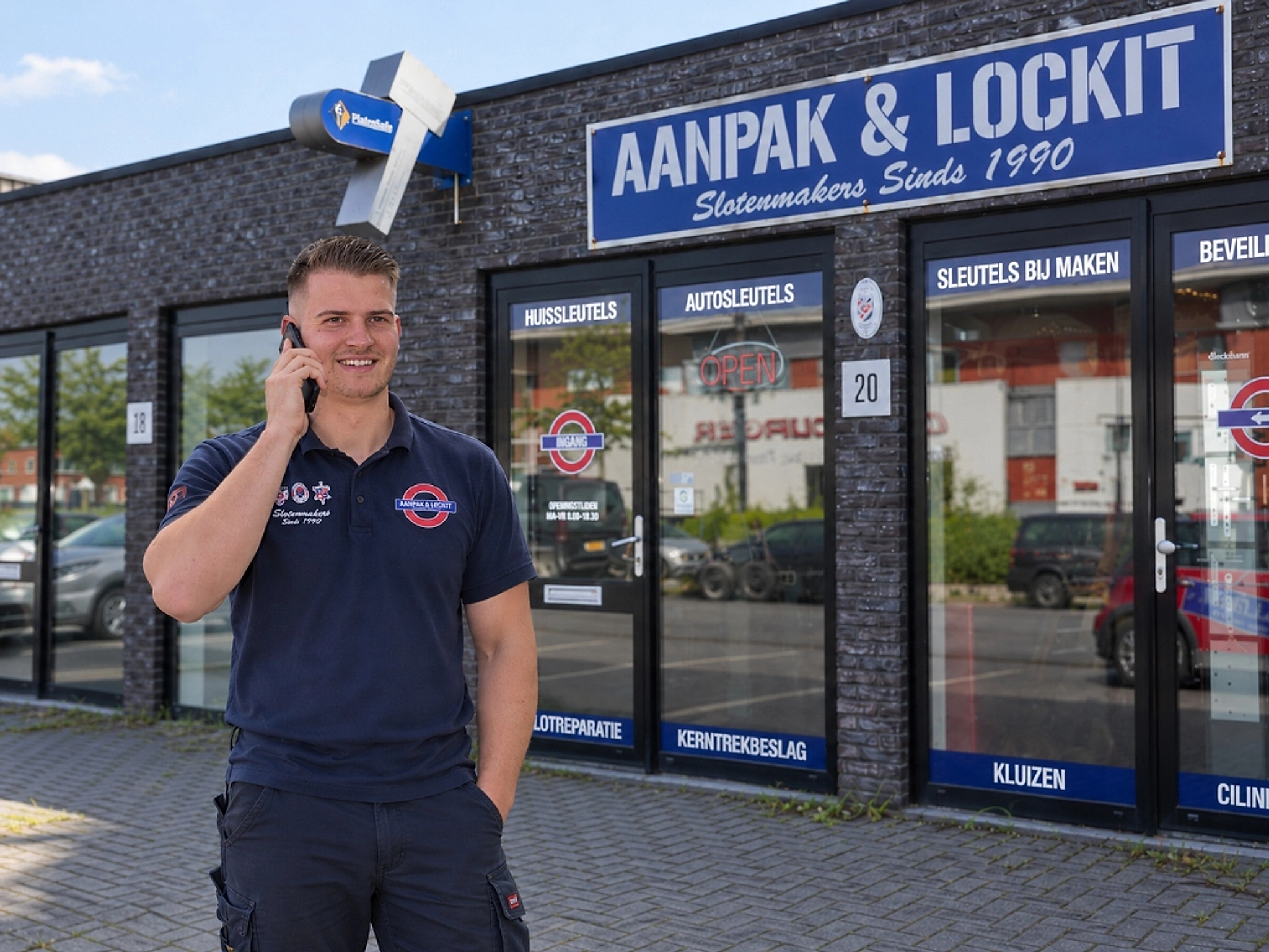 Lockit Slotenmakers monteur aan de telefoon voor de showroom in Rotterdam
